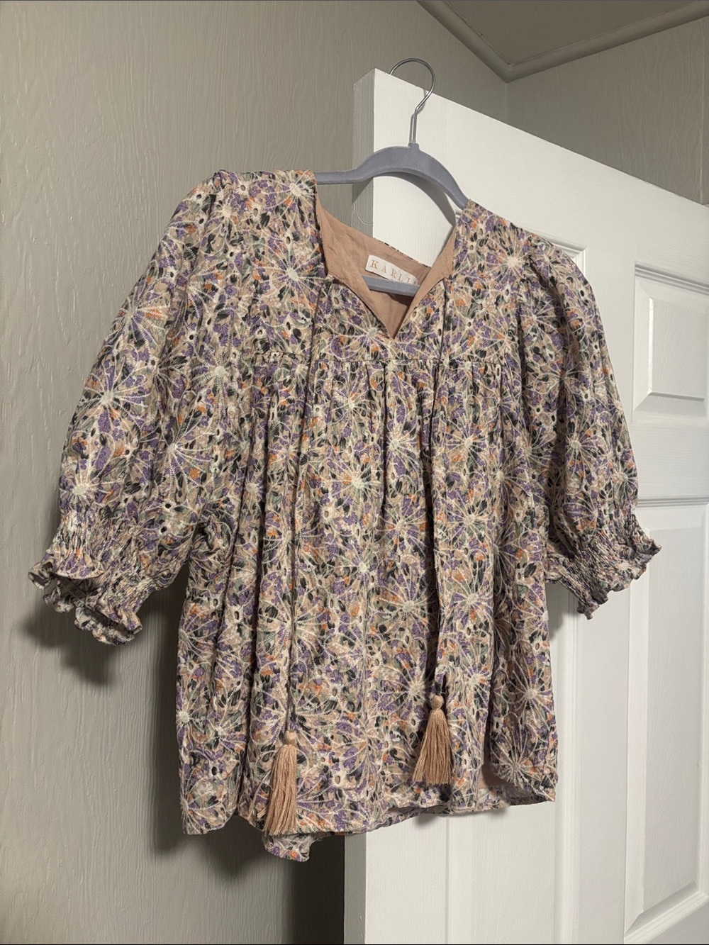 Karlie Floral Tassel Peasant Blouse - Cream, Lavender & Tan